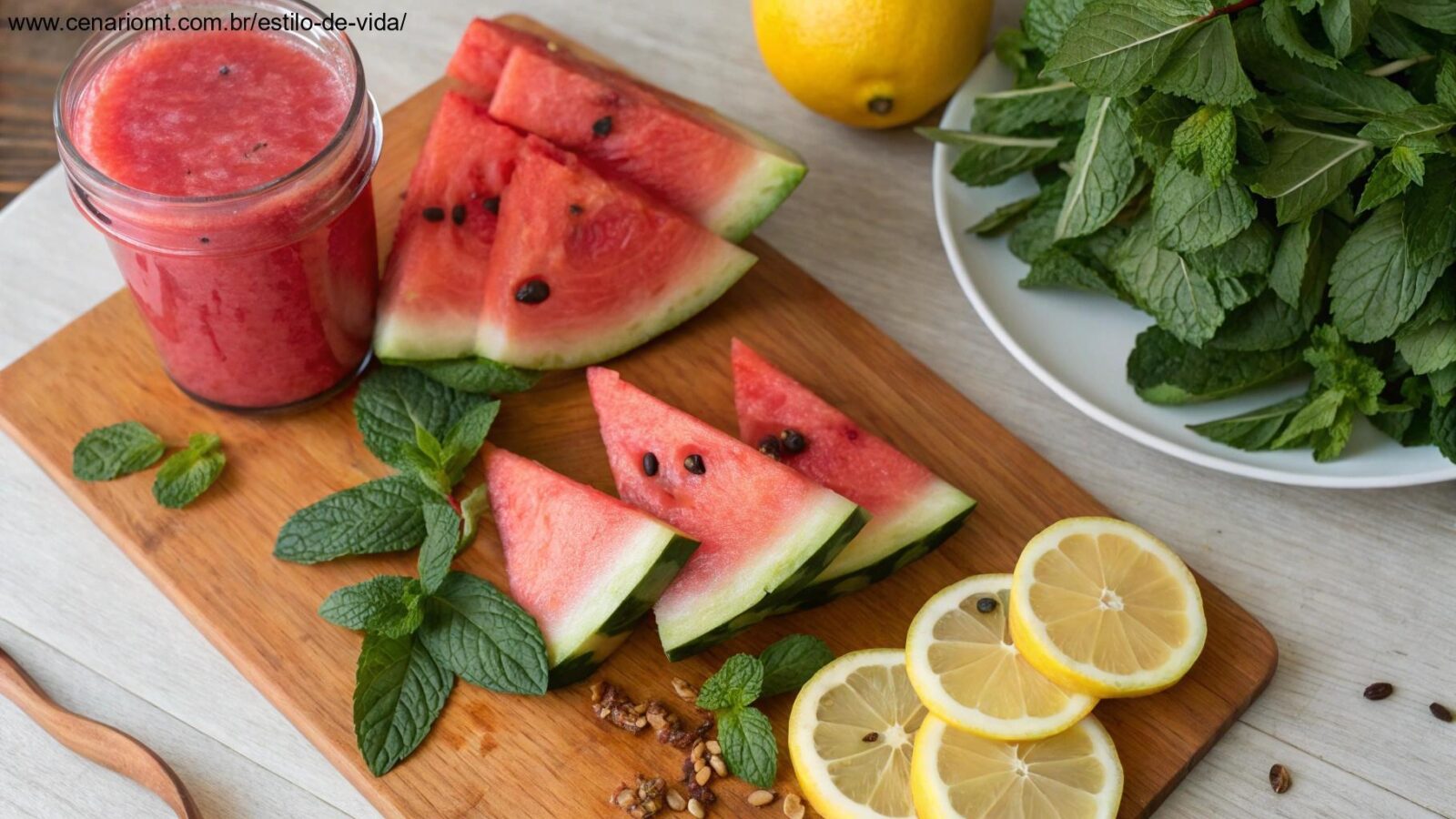 Imagem com ingredientes frescos de sucos naturais, como melancia e hortelã.