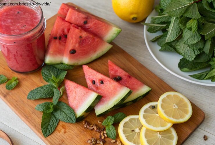 Imagem com ingredientes frescos de sucos naturais, como melancia e hortelã.