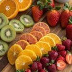uma exibição criativa de várias frutas, incluindo morangos, laranjas e kiwi, dispostas de forma bonita em uma superfície de madeira