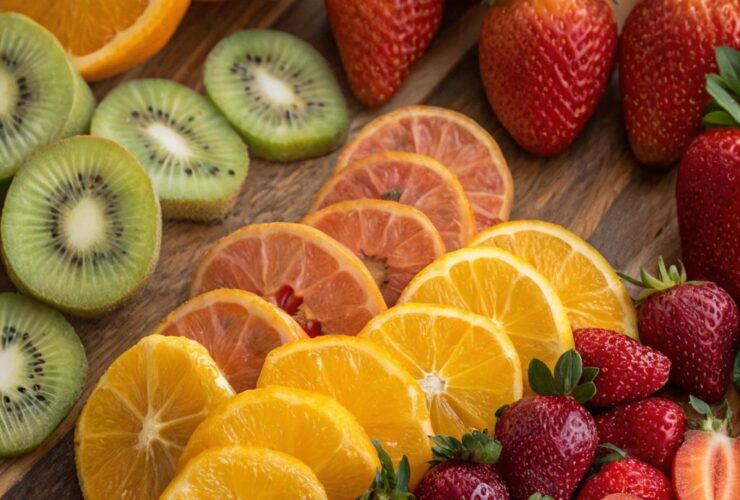 uma exibição criativa de várias frutas, incluindo morangos, laranjas e kiwi, dispostas de forma bonita em uma superfície de madeira