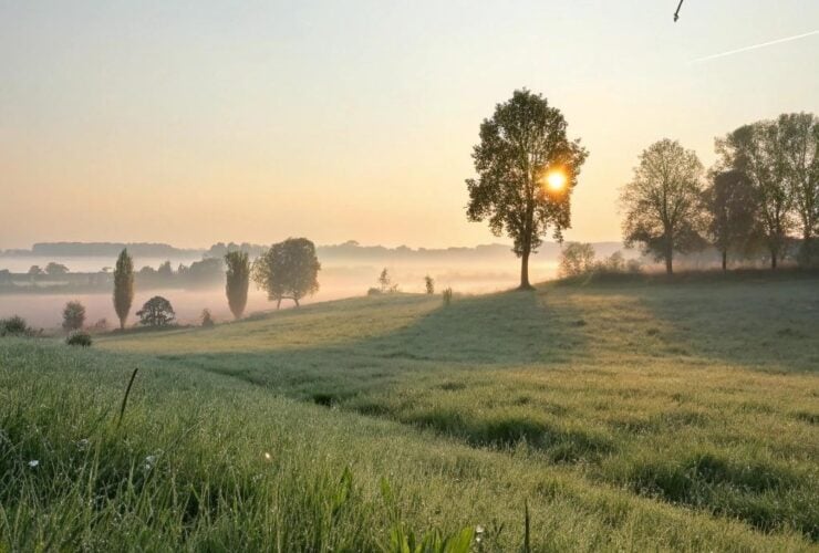 uma paisagem serena pela manhã com luz suave do sol, orvalho na grama e uma atmosfera tranquila