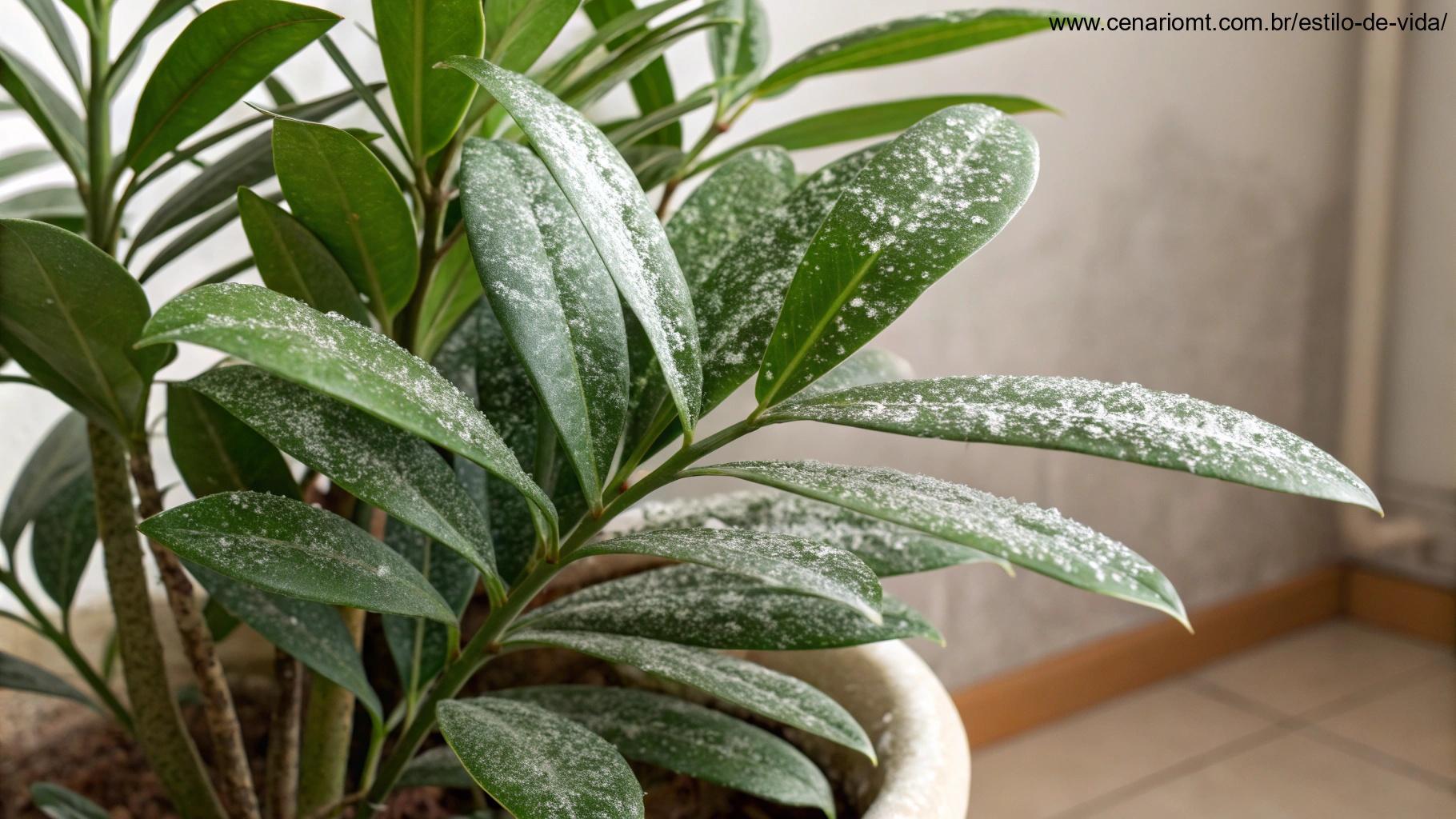 planta com folhas empoeiradas ou sujas, precisando de limpeza para manter sua saúde