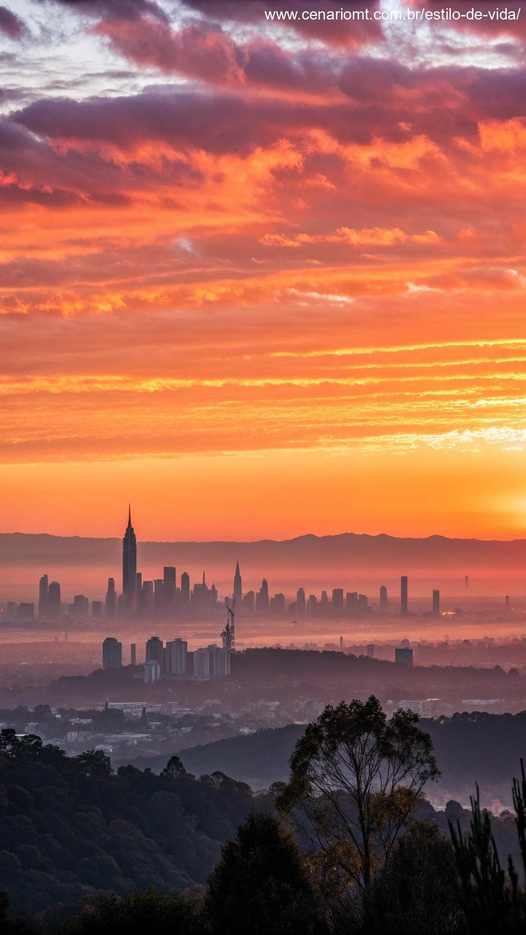 um amanhecer com uma paisagem urbana ao fundo, simbolizando novas oportunidades e um futuro brilhante