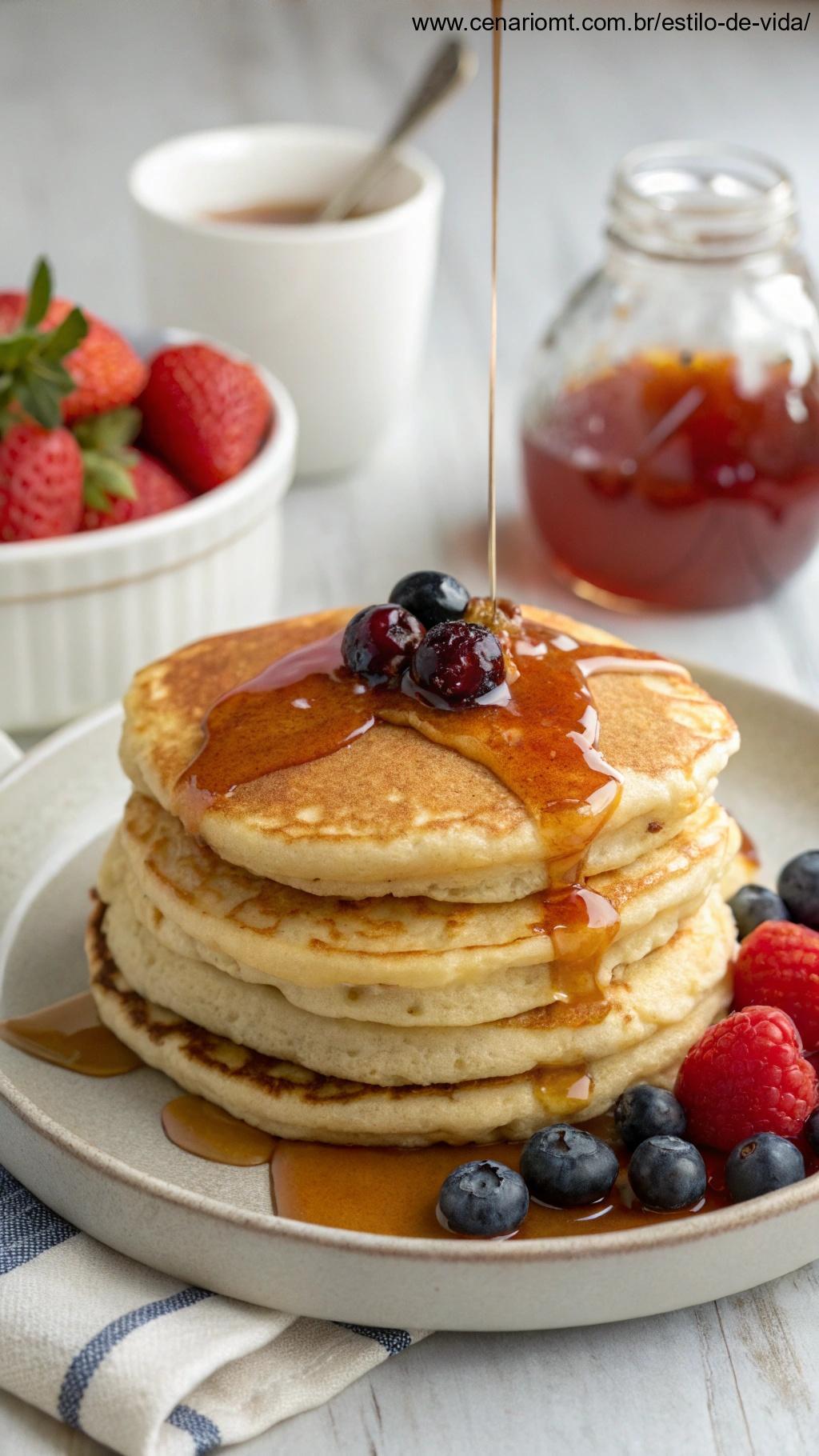 Panquecas douradas com mel e frutas frescas ao lado.