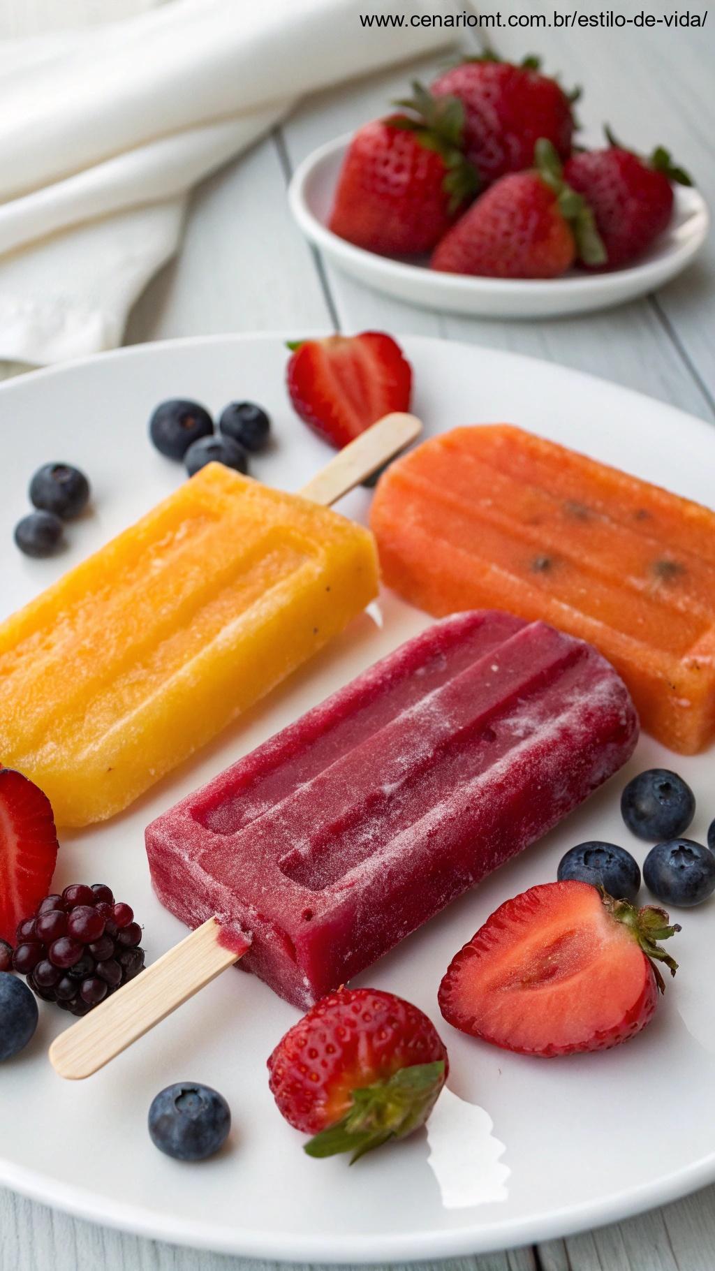 picolés coloridos feitos de frutas misturadas como laranja, morango e mirtilo, dispostos sobre um prato branco
