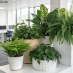 Dez plantas vibrantes e perfeitas para escritórios, organizadas em um ambiente moderno e bem iluminado.