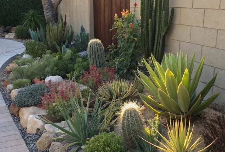 Um jardim bonito com uma variedade de plantas fáceis de cuidar.