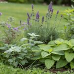 Uma coleção de 10 plantas diferentes em um jardim natural, incluindo citronela, lavanda, manjericão e eucalipto, com foco nas folhas e flores. As plantas estão dispostas para mostrar sua beleza e capacidade natural de repelir insetos.
