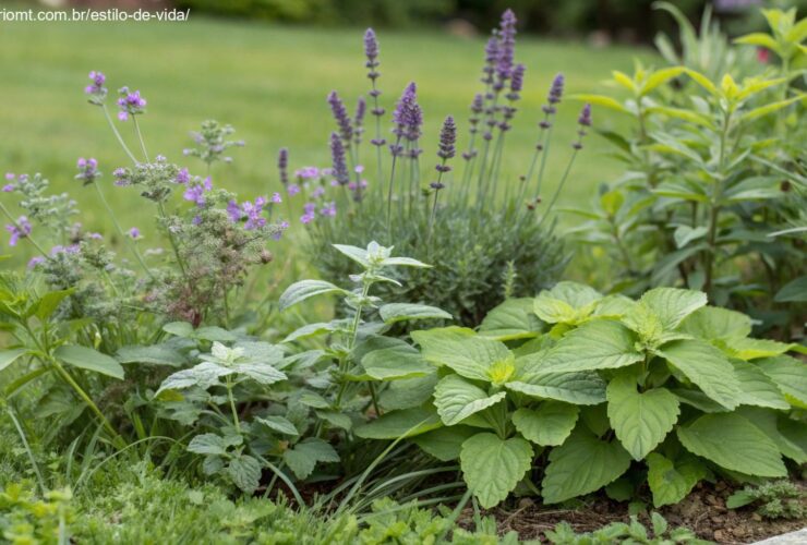 Uma coleção de 10 plantas diferentes em um jardim natural, incluindo citronela, lavanda, manjericão e eucalipto, com foco nas folhas e flores. As plantas estão dispostas para mostrar sua beleza e capacidade natural de repelir insetos.