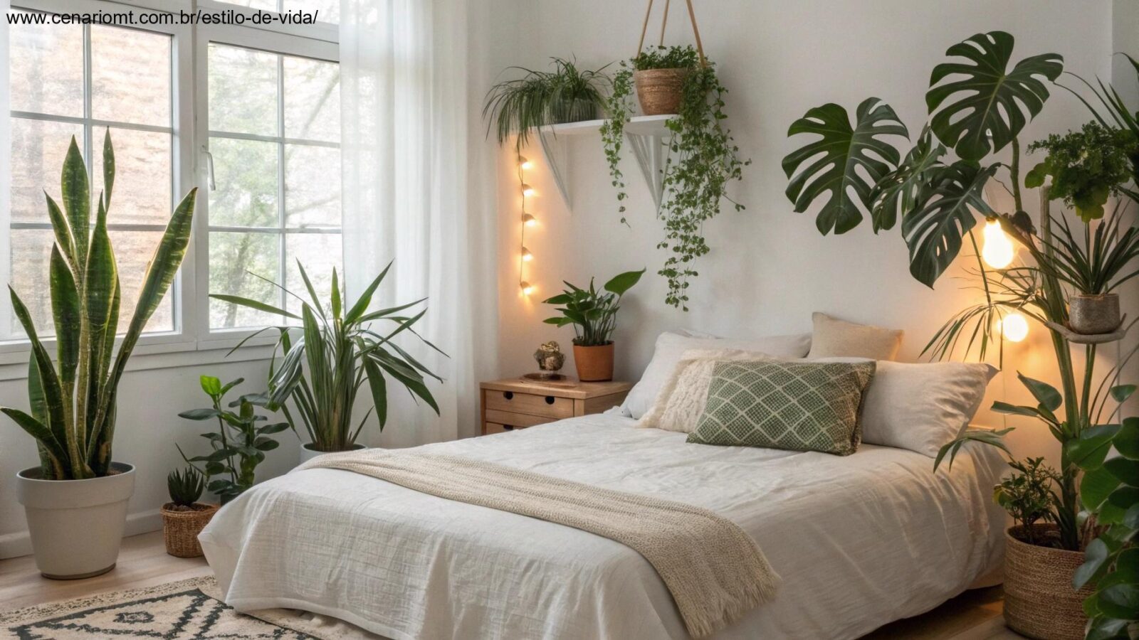 quarto sereno com plantas conhecidas por melhorar o sono e purificar o ar, como lavanda, aloe vera e lírios da paz colocados ao redor do quarto com iluminação natural