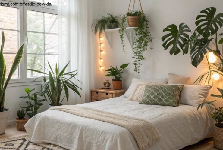 quarto sereno com plantas conhecidas por melhorar o sono e purificar o ar, como lavanda, aloe vera e lírios da paz colocados ao redor do quarto com iluminação natural