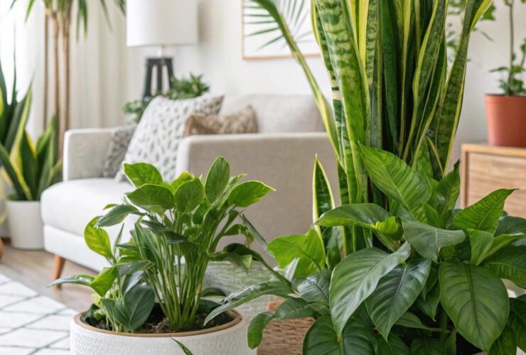 Imagem de uma sala com plantas que purificam o ar, como Lírio da Paz, Espada de São Jorge, Aloe Vera e outras.