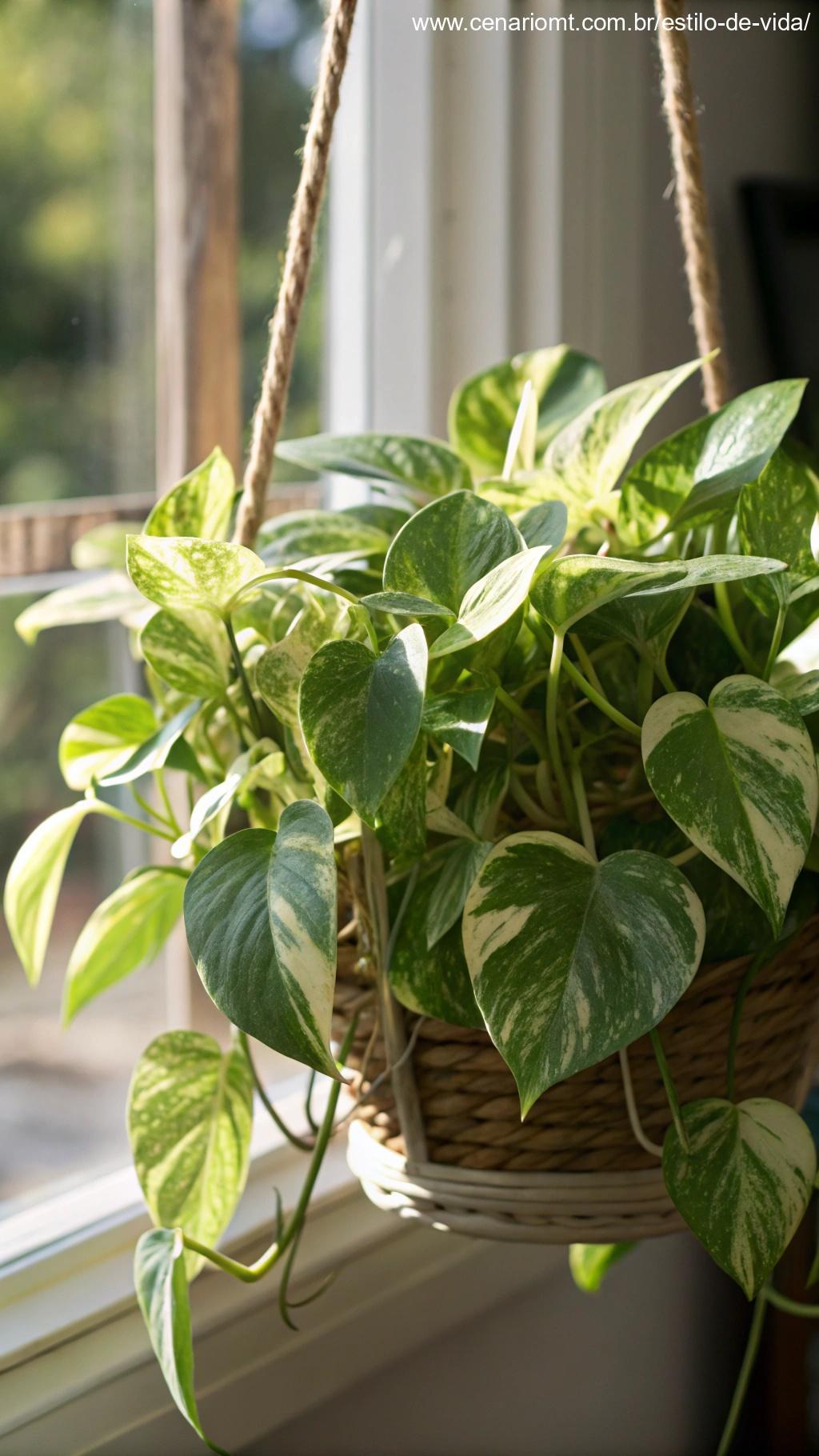 Uma planta de pothos saudável com folhas variegadas, crescendo em uma cesta suspensa, iluminada pela luz natural de uma janela próxima.