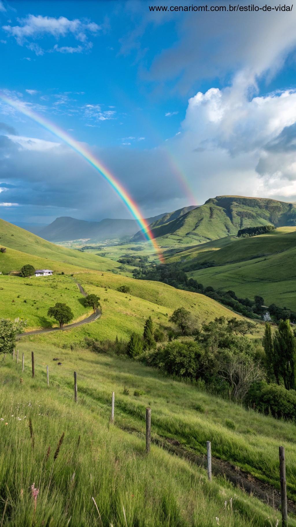 Paisagem linda com um arco-íris vibrante no céu.