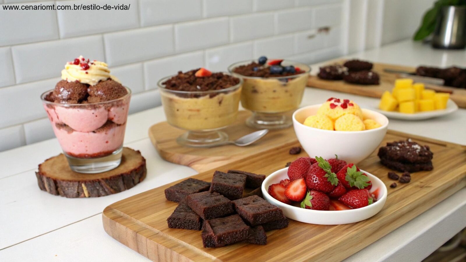 Coleção de sobremesas fáceis e deliciosas com mousse de chocolate, sorvete de frutas e brownies