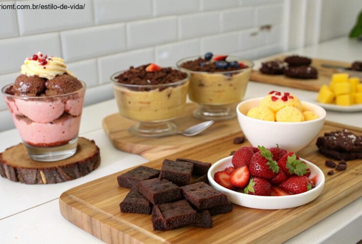 Coleção de sobremesas fáceis e deliciosas com mousse de chocolate, sorvete de frutas e brownies