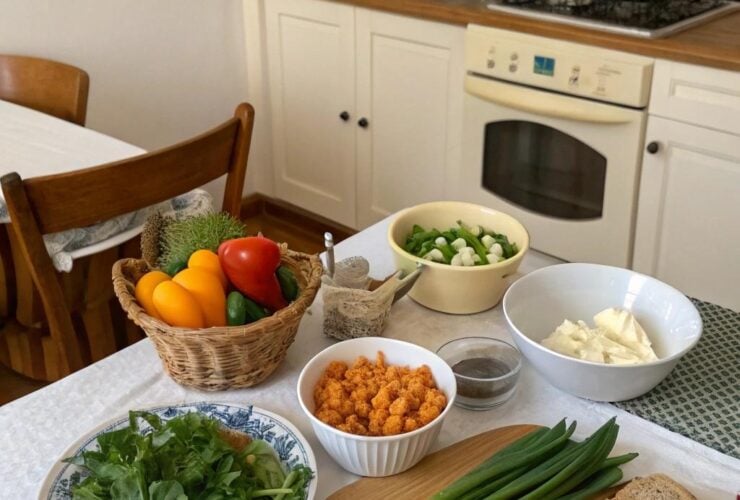 Cozinha aconchegante com ingredientes para receitas rápidas e fáceis.