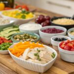 Uma variedade de receitas rápidas e fáceis para o jantar dispostas sobre uma mesa de madeira, com ingredientes frescos e coloridos para uma refeição de dia de semana.
