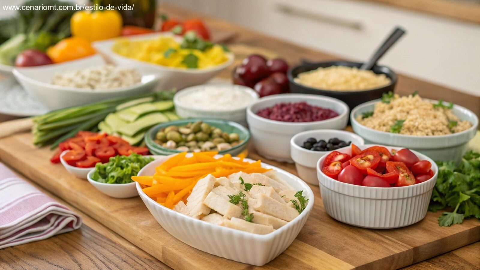 Uma variedade de receitas rápidas e fáceis para o jantar dispostas sobre uma mesa de madeira, com ingredientes frescos e coloridos para uma refeição de dia de semana.