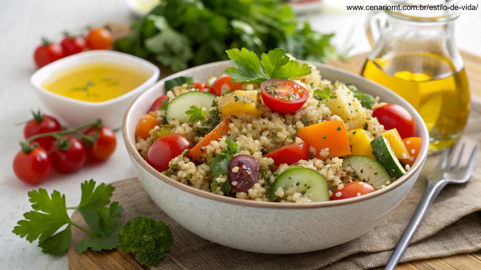 Uma salada nutritiva de quinoa com vegetais variados, ervas frescas e um molho vinagrete leve.