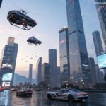 Uma cidade futurista com tecnologias avançadas como carros voadores, hologramas e edifícios inteligentes.