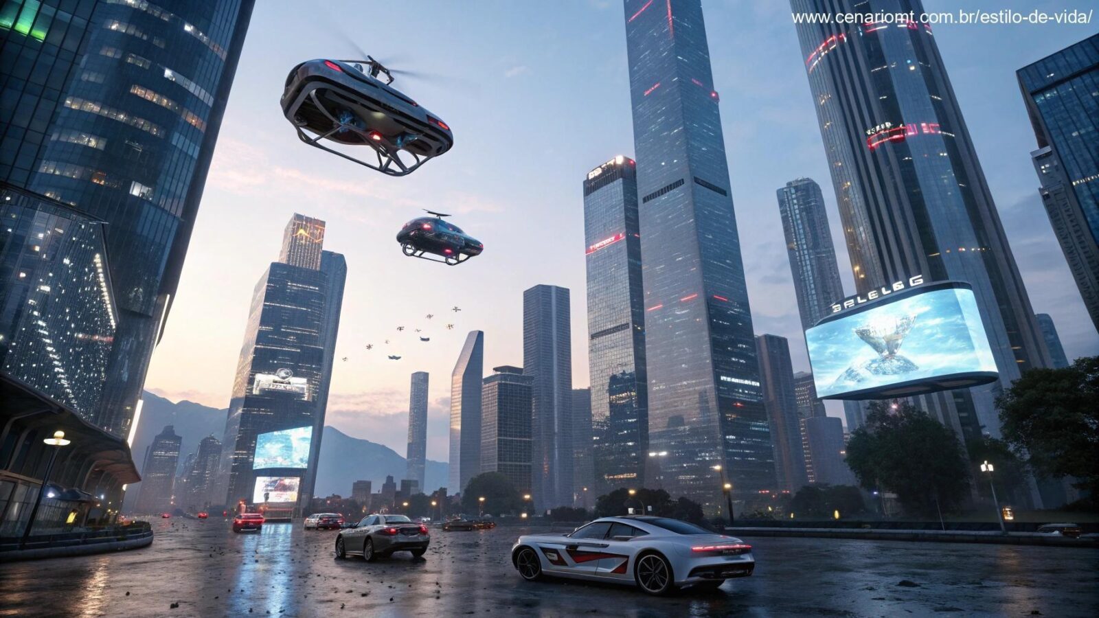 Uma cidade futurista com tecnologias avançadas como carros voadores, hologramas e edifícios inteligentes.