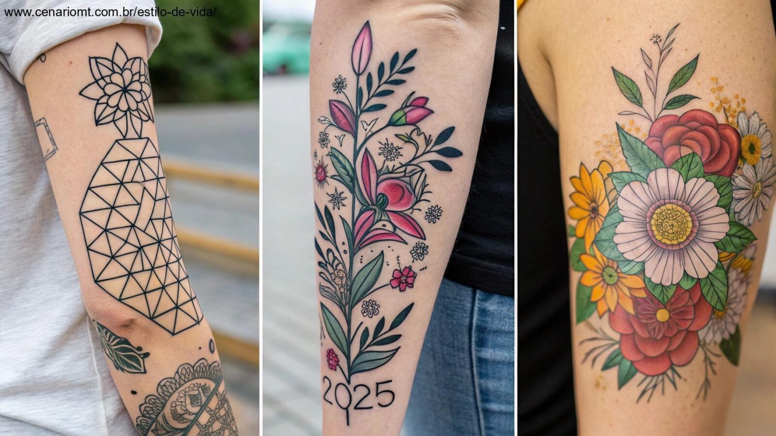 Tendências de tatuagem para 2025, com diversos desenhos e estilos como geométrico, minimalista, floral, realista, colorido e mais