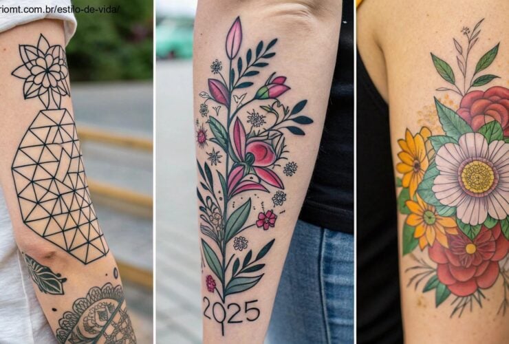 Tendências de tatuagem para 2025, com diversos desenhos e estilos como geométrico, minimalista, floral, realista, colorido e mais
