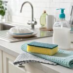 Cozinha limpa e organizada com utensílios simples como esponja, sabão e pano sobre a bancada