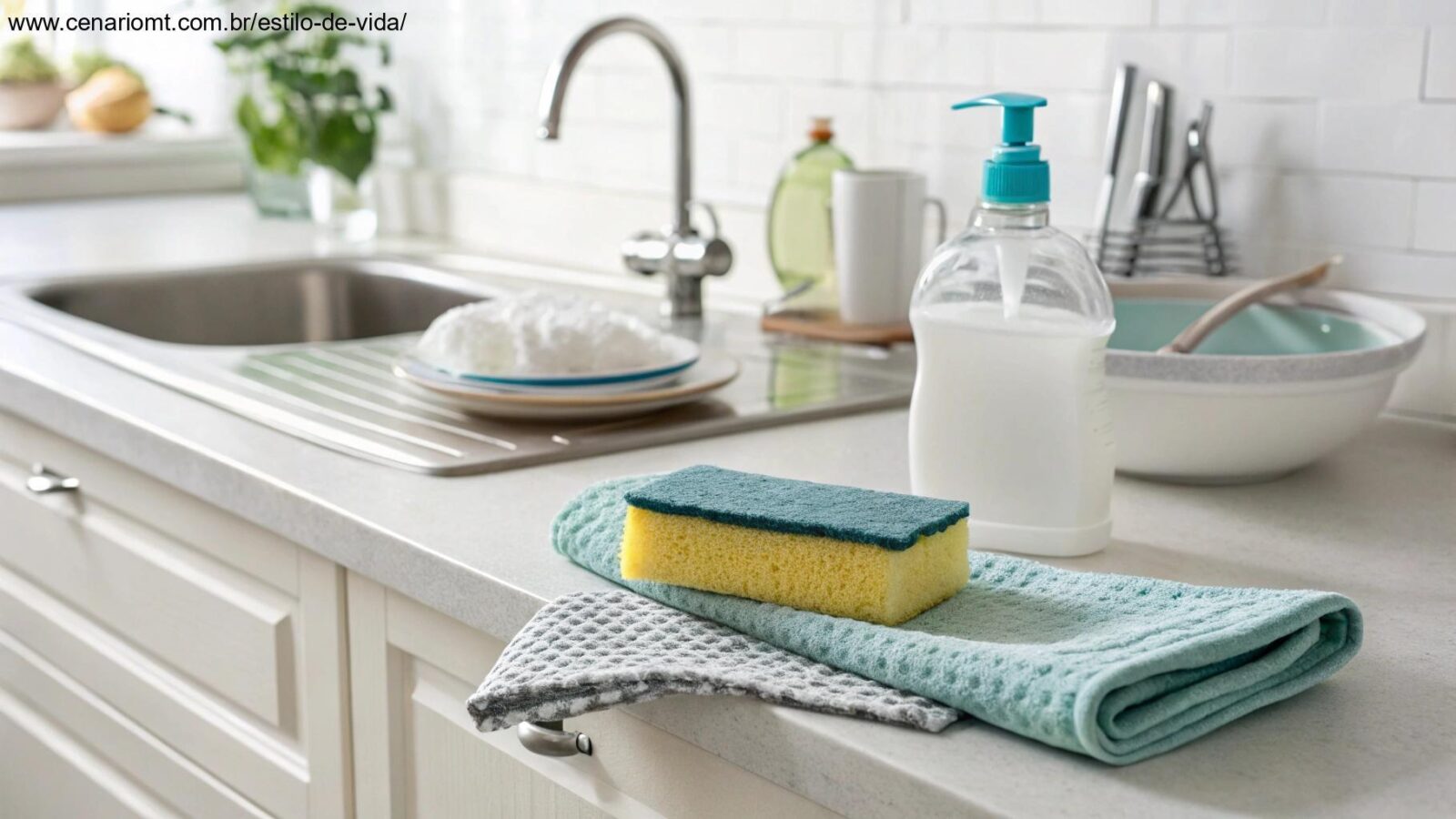 Cozinha limpa e organizada com utensílios simples como esponja, sabão e pano sobre a bancada