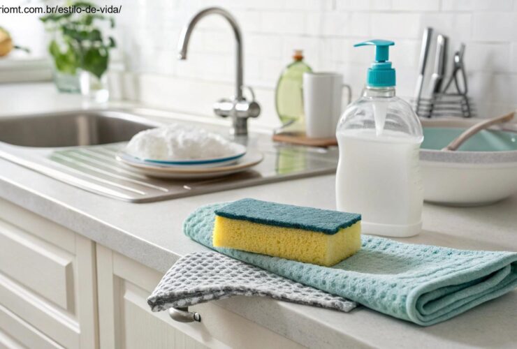 Cozinha limpa e organizada com utensílios simples como esponja, sabão e pano sobre a bancada