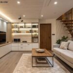 Sala de estar moderna e bem organizada com soluções inteligentes de armazenamento.