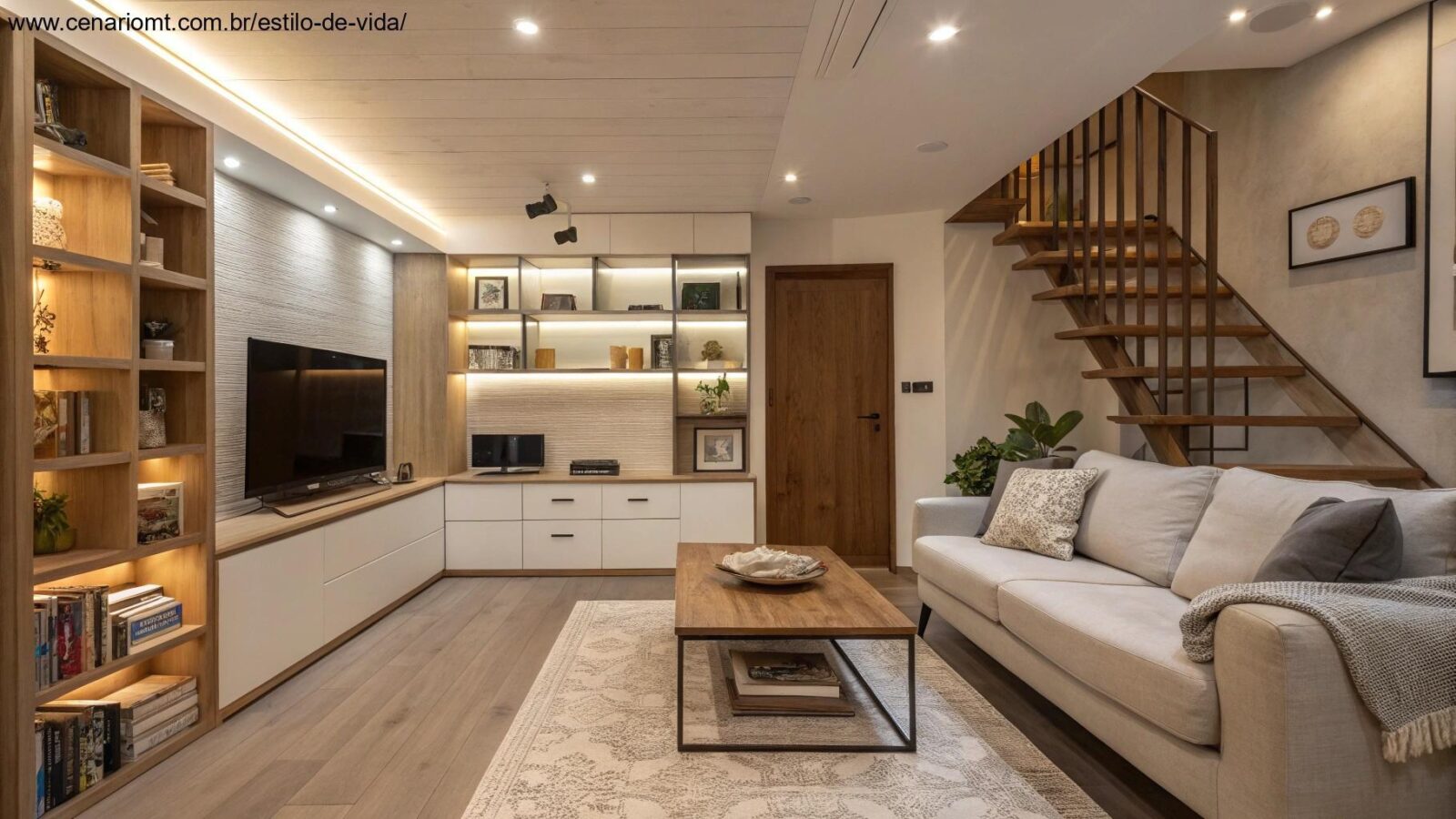 Sala de estar moderna e bem organizada com soluções inteligentes de armazenamento.