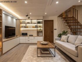 Sala de estar moderna e bem organizada com soluções inteligentes de armazenamento.