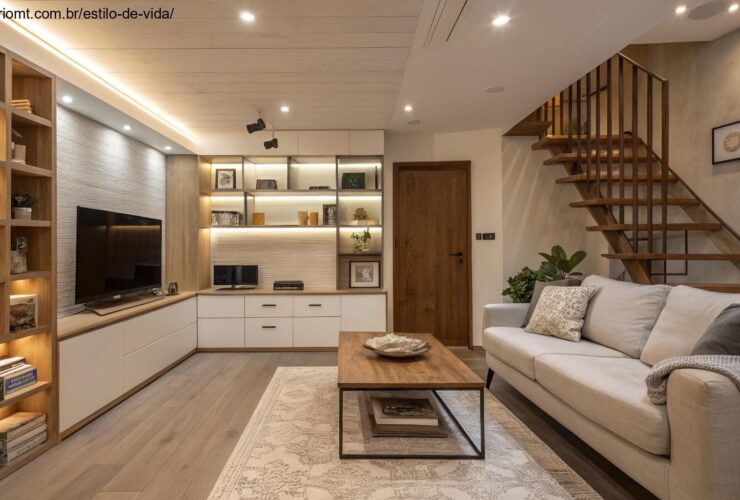 Sala de estar moderna e bem organizada com soluções inteligentes de armazenamento.