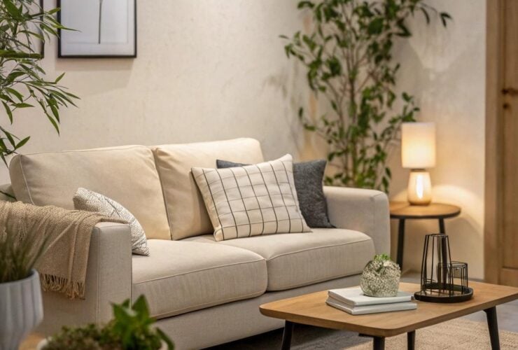uma sala de estar pequena e moderna com paredes claras, móveis minimalistas e uma atmosfera aconchegante