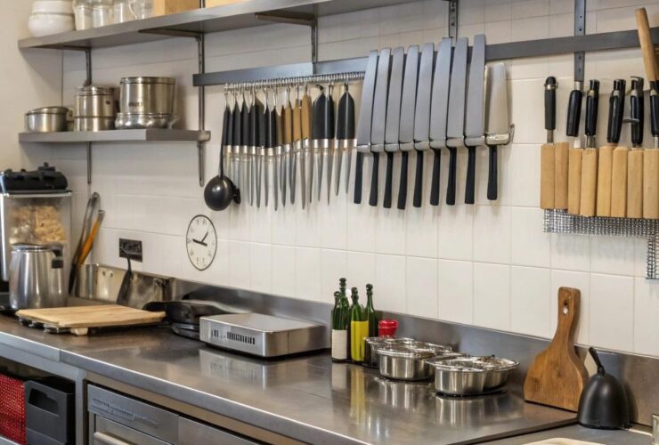 uma cozinha bem organizada com ferramentas arrumadas nas prateleiras e bancadas, destacando superfícies limpas e soluções de armazenamento funcionais
