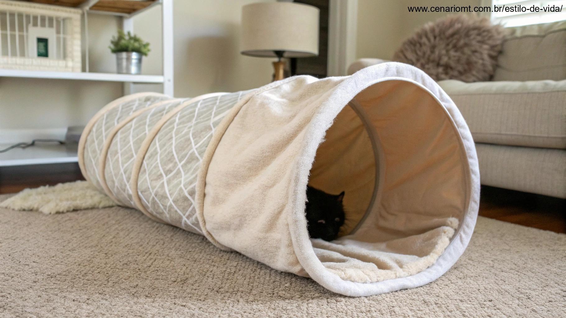 Túnel para gatos, colocado em uma sala de estar, convidando os gatos a explorar.