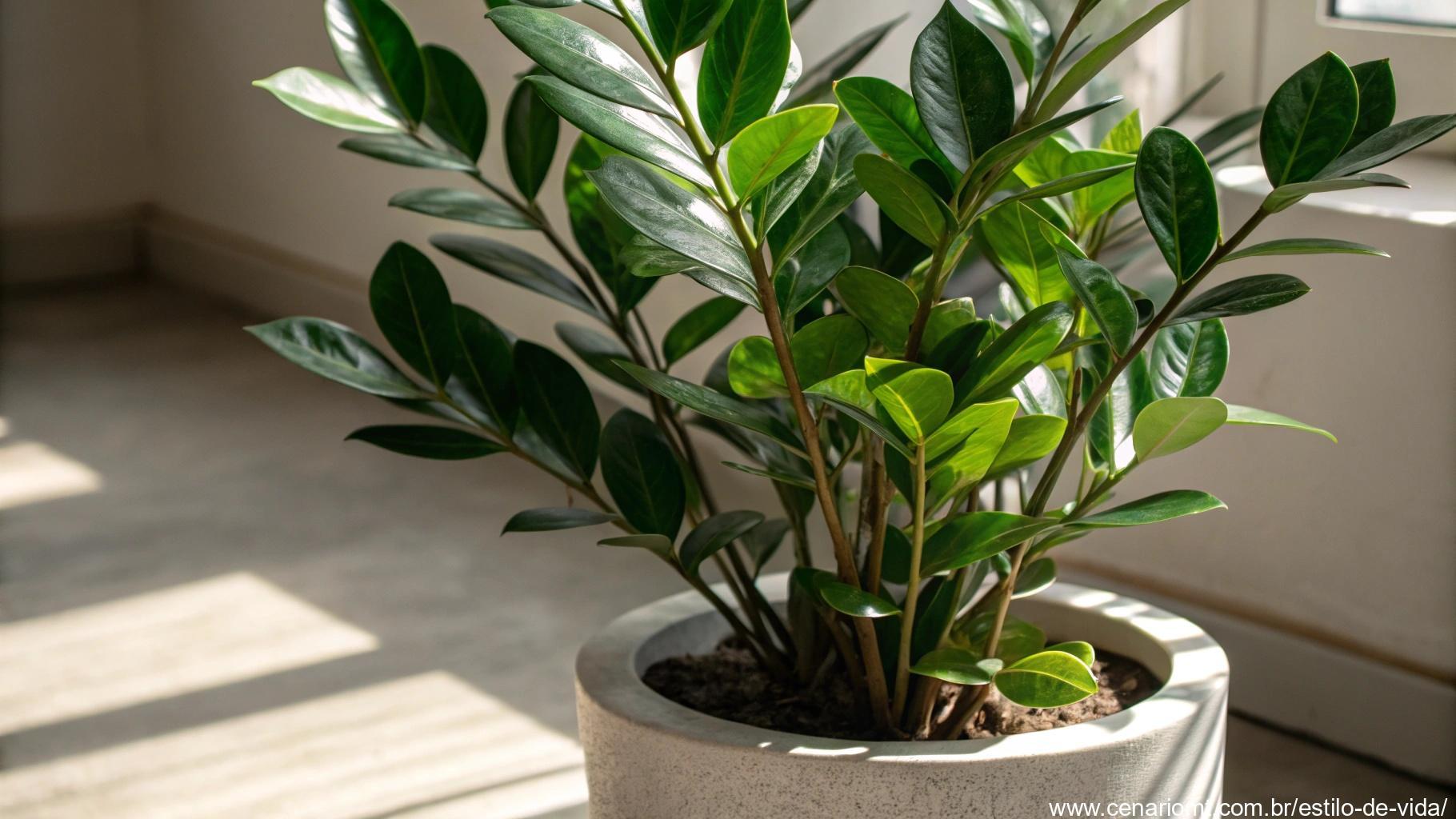 Imagem de uma planta Zamioculca com folhas grossas e brilhantes.