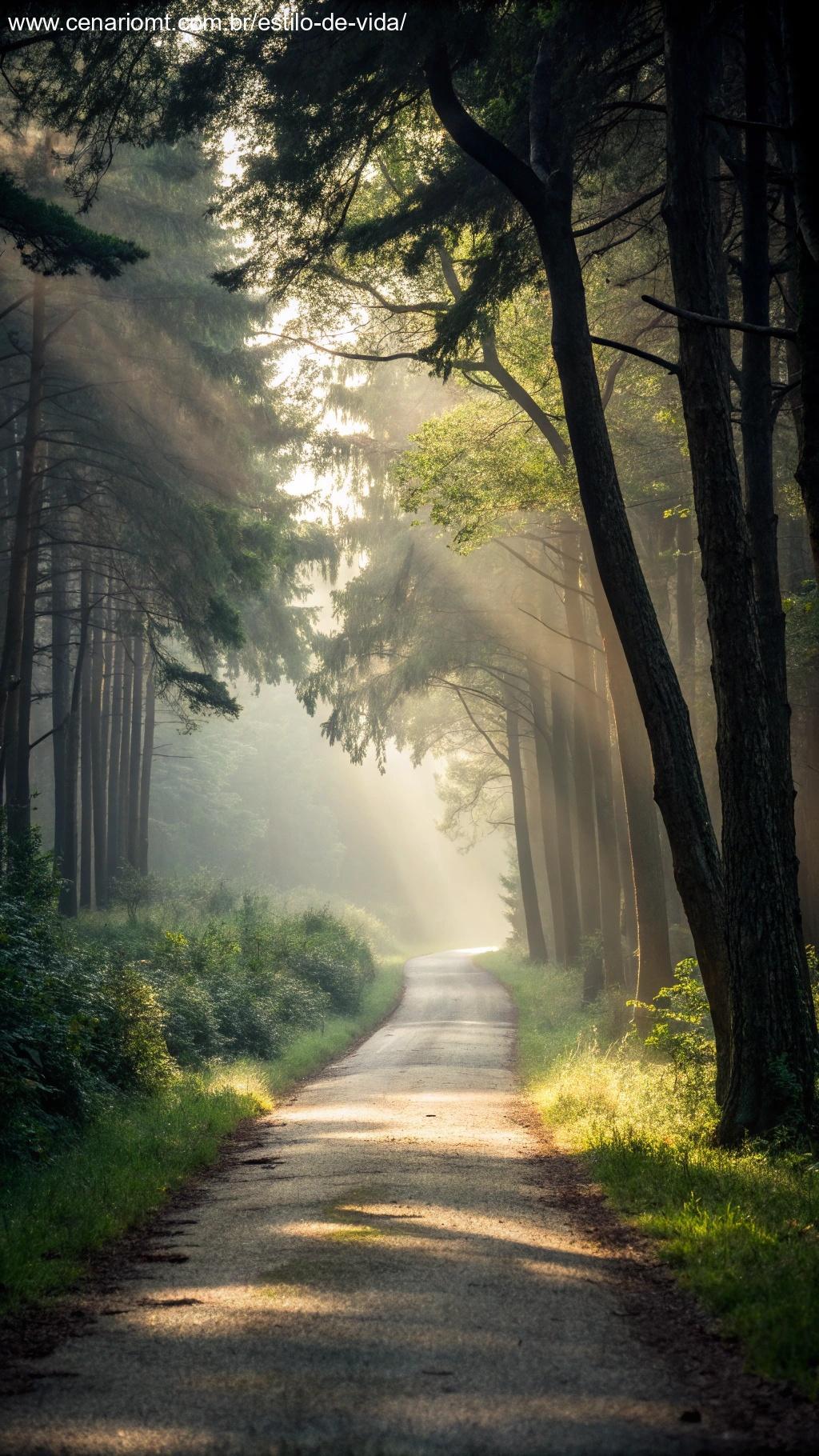 Caminho tranquilo na floresta iluminado pela luz suave.