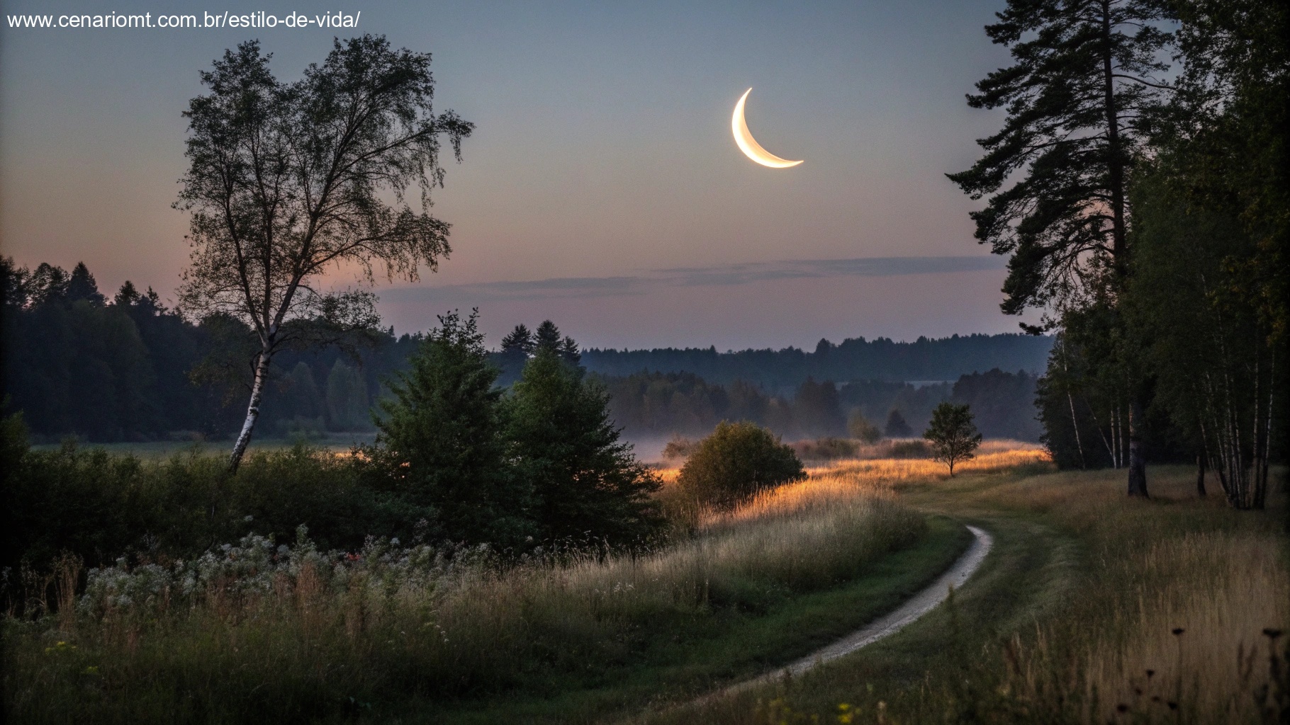 Paisagem natural à noite com uma Lua Minguante, mostrando sua influência sutil no ambiente.