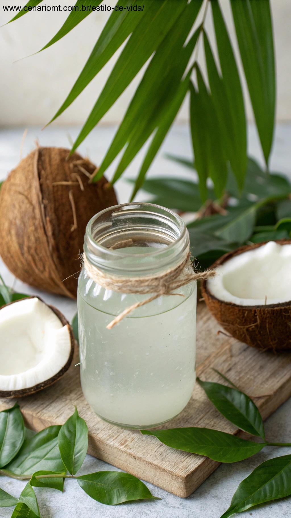 Pote de vidro com água de coco e folhas verdes ao redor