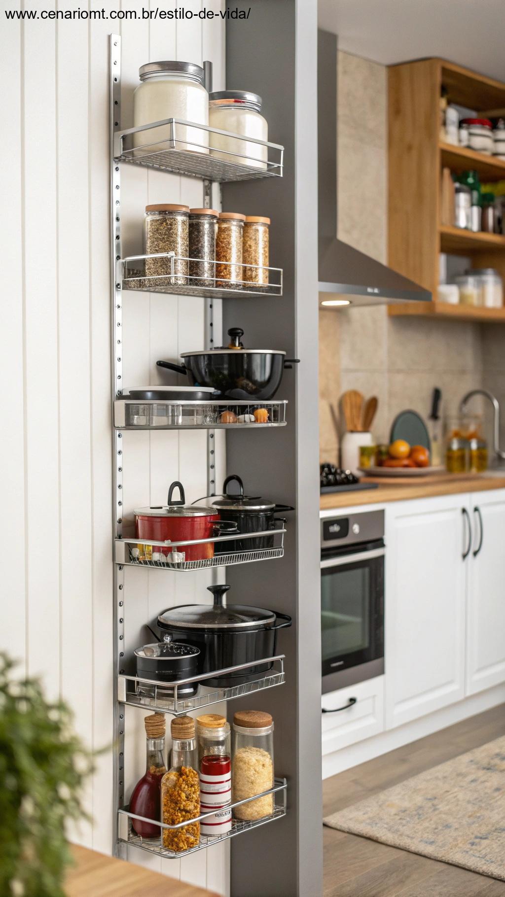 uma prateleira vertical na cozinha, armazenando panelas, frigideiras e especiarias, maximizando o uso do espaço na parede
