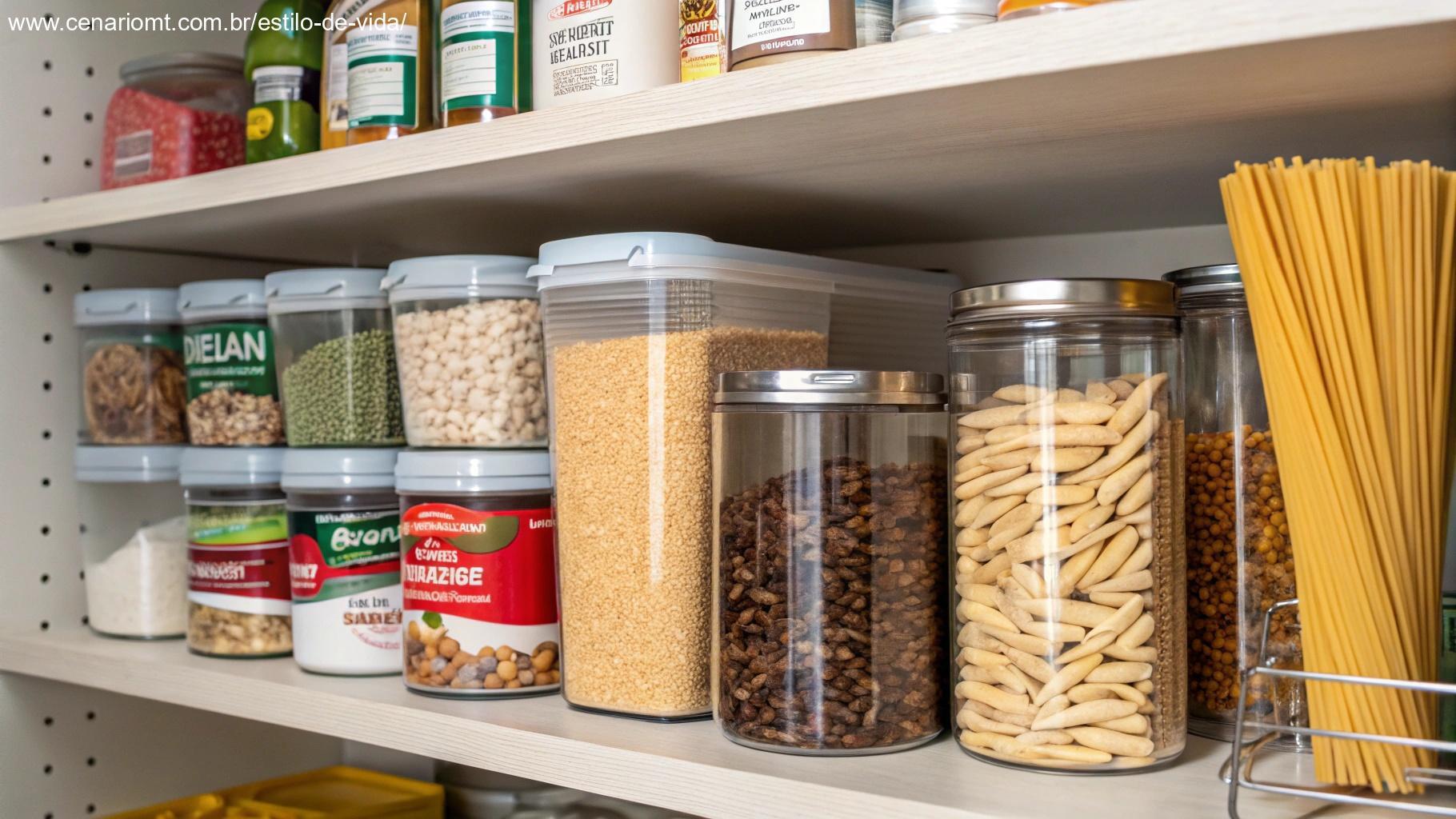 Alimentos que duram mais tempo, como grãos, massas e enlatados organizados na prateleira