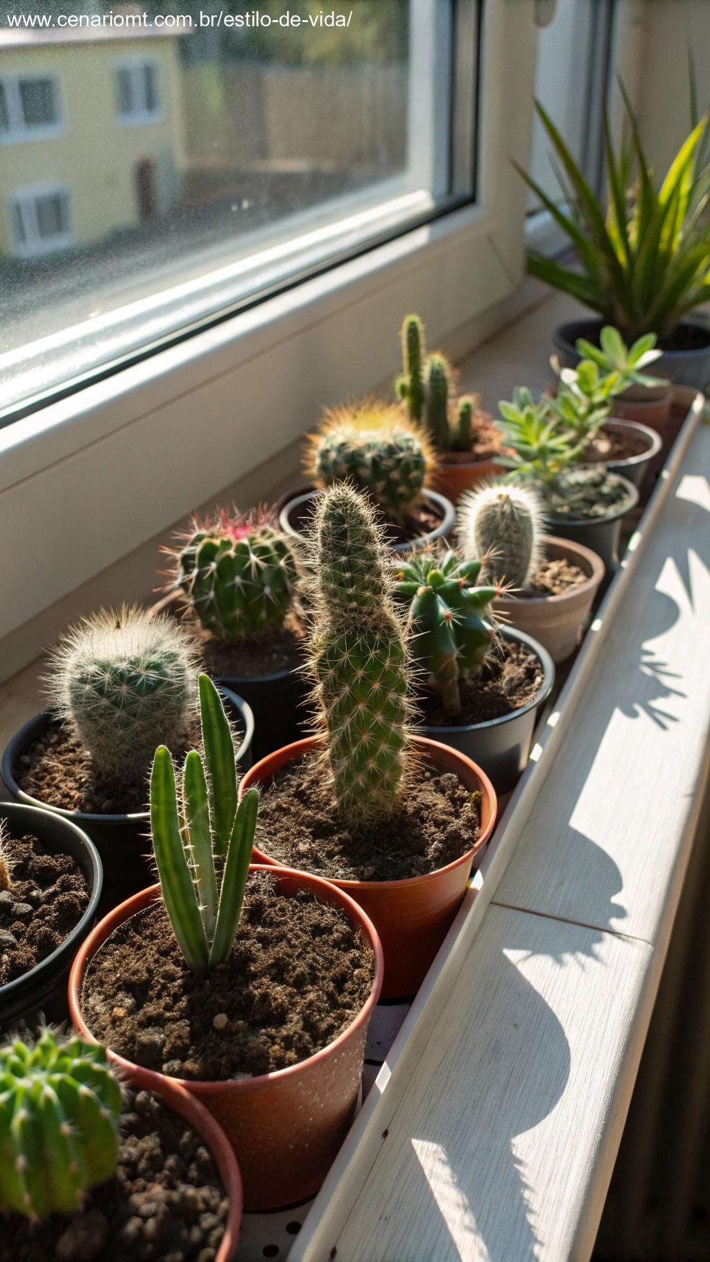 Coleção de cactos com formas e espinhos diferentes.