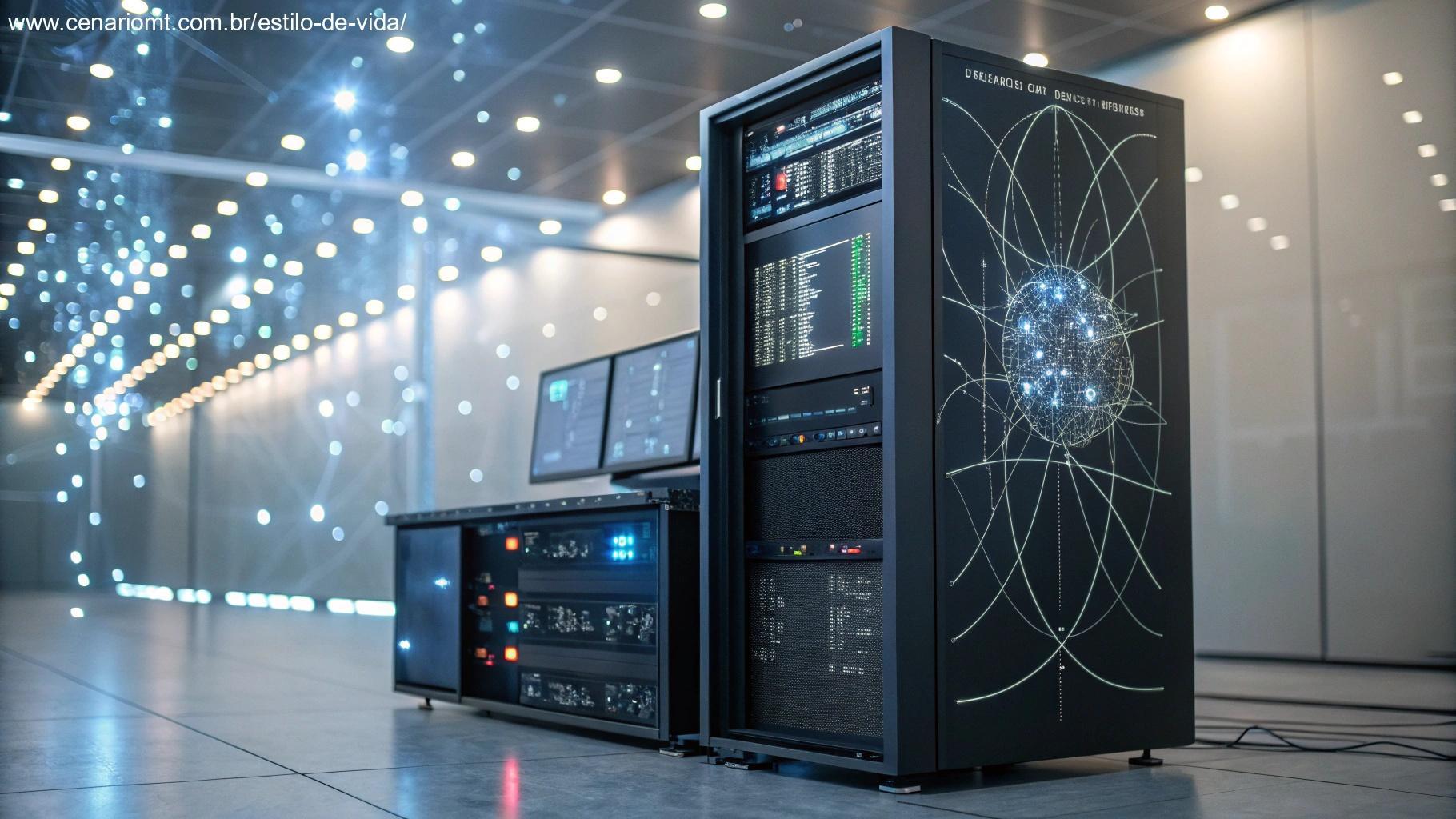 Um computador quântico rodeado por padrões de dados complexos e luzes brilhantes.