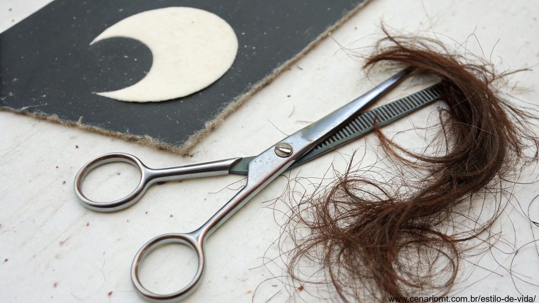 Tesoura e fios de cabelo sob uma lua minguante, simbolizando a crença de que cortar o cabelo na lua minguante retarda seu crescimento
