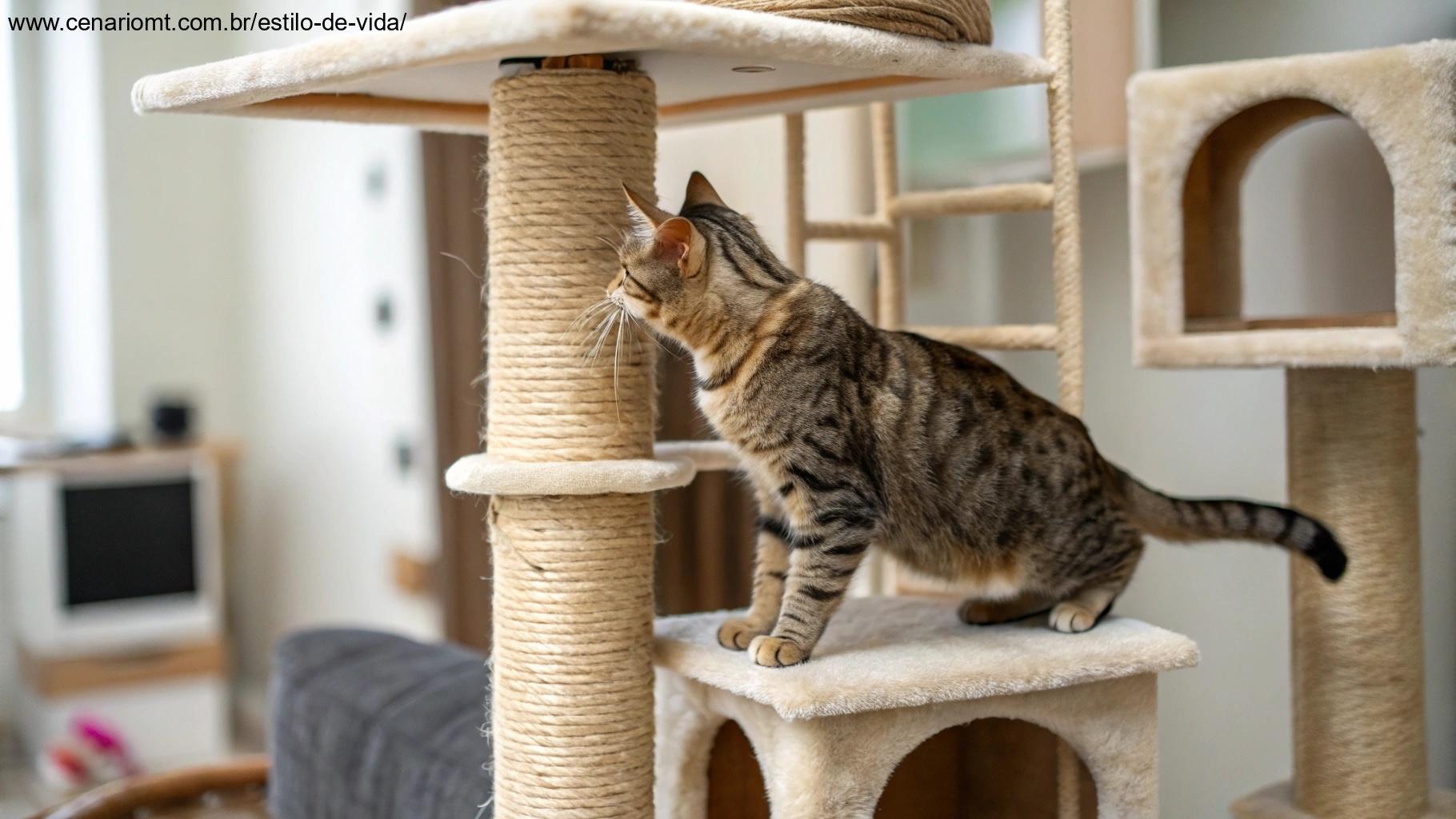 gato subindo em uma árvore para gatos com múltiplos níveis e arranhadores