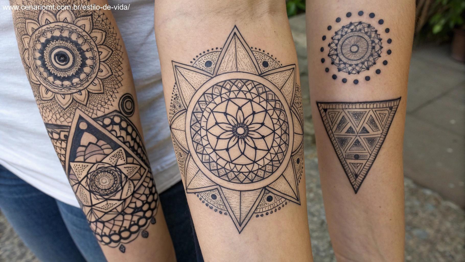 Tatuagens geométricas com padrões intrincados, linhas e formas, criando um visual impactante na pele