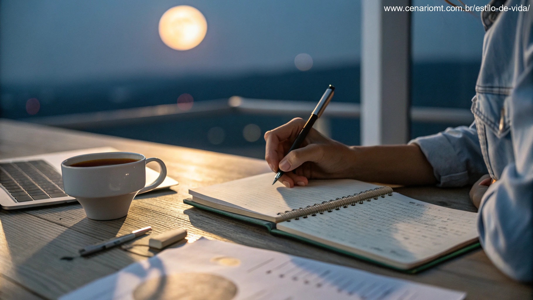 Uma mesa com um caderno, caneta e uma xícara de chá, com uma pessoa focada anotando metas e objetivos sob a luz suave de uma lua minguante.